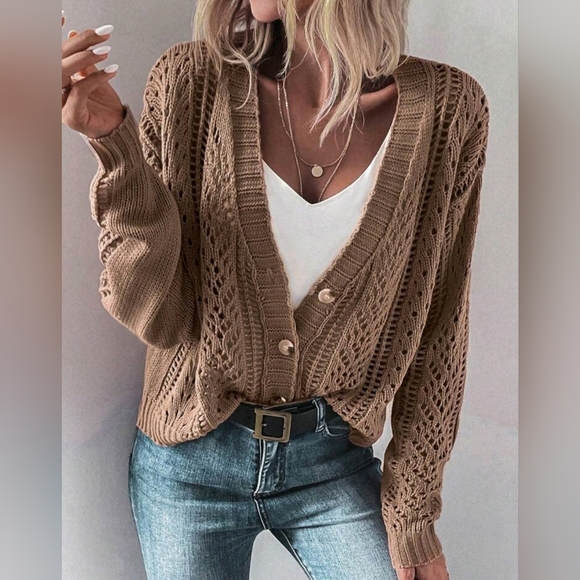 New Boho Open Knit Cardigan Sweater Tan Brown - Picture 6 of 9
